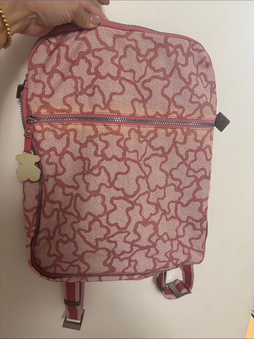 Tous Pink Patterned Canvas Backpack with Bear Charm